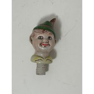 Vintage Ceramic Tyrolean Boy Bottle Stopper Alpine Green Hat Barware Kitsch